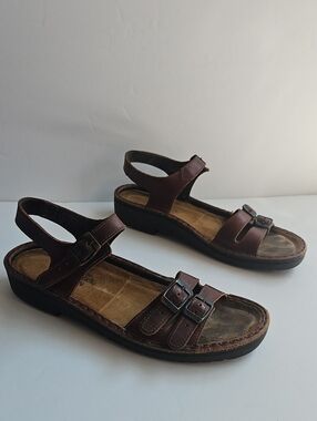 Naot Brown Leather Buckle Ankle Strap Flat Sandals